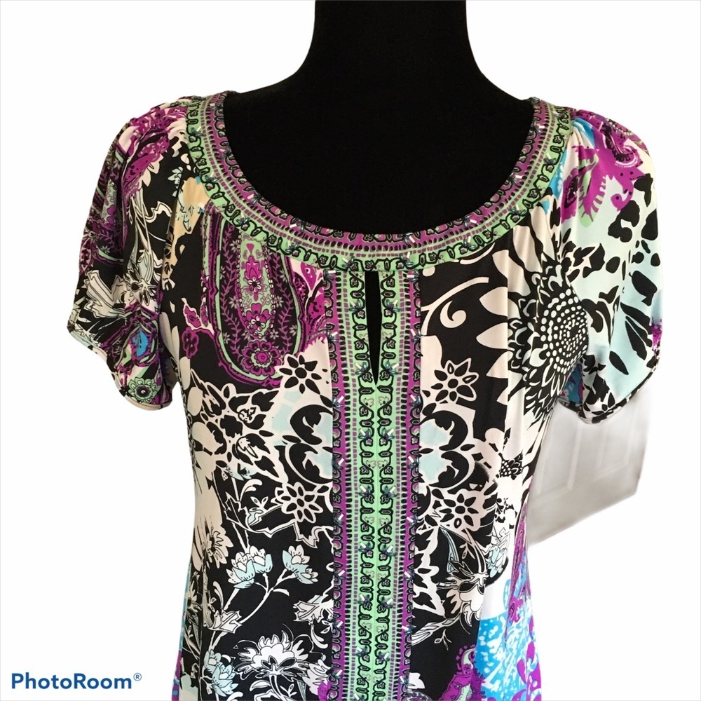 ECI dress short sleeve beaded keyhole neck S 10